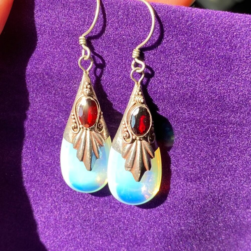 Vintage Garnet & Opalite Sterling Silver Teardrop Dangle Earrings